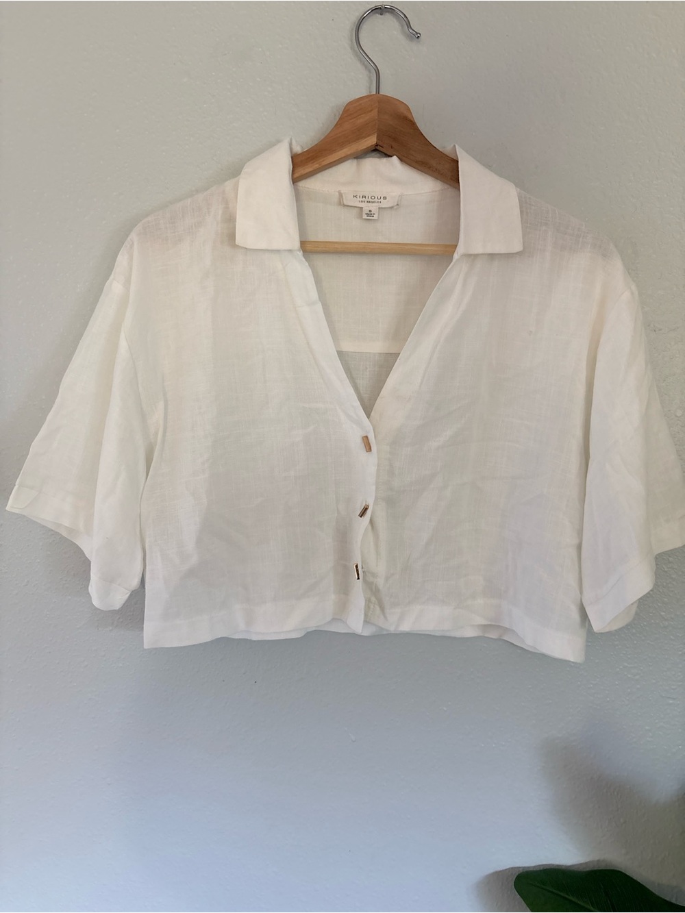 Cropped White Linen Button-Down Shirt